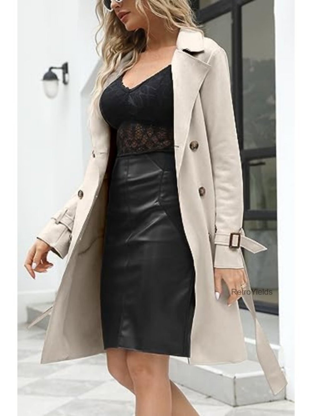 Faux Suede Double Breasted Long Trench Coat Windproof Lightweight with - Picture 4 of 5